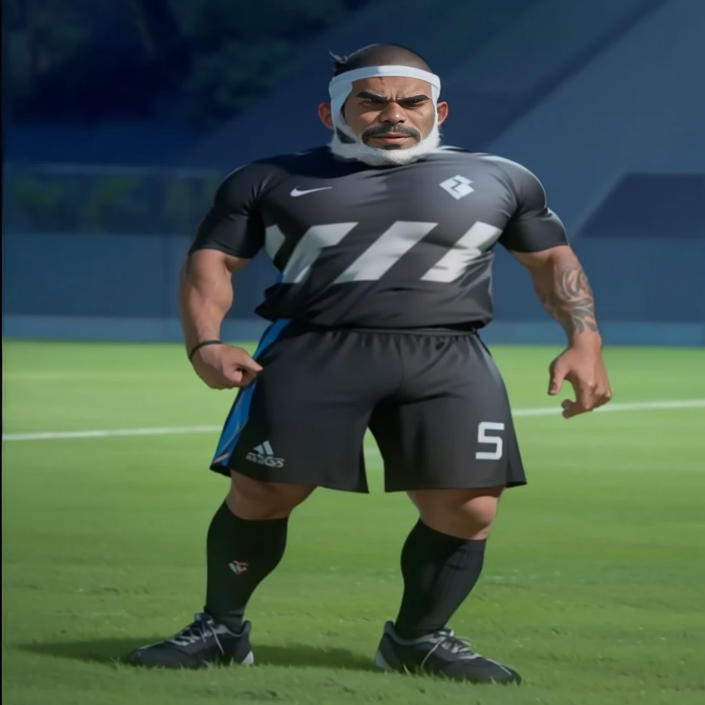 Jogador de futebol ⚽, character sheet, filipino male, buzzcut, standing, beard, slim build, socks, neon socks, butchers clothing, mullet, full body tattoos, boots, blackout tattoos, earrings, black soccer team shirt