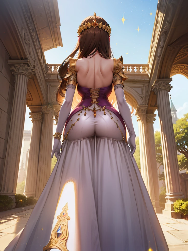 Anime art style,masterpiece,(Dark brown hair), (Very detailed),(Very delicate and beautiful),(alone),((((ass pov)))),(Detailed face and eyes),Beautiful eyes like jewels,(A truly gorgeous jeweled ruffled rococo ball gown dress),(((Mature Woman,Queen))),((1 Queen in a beautiful embroidery and jeweled absolutely gorgeous rococo ballgown dress with voluminous full length hoop skirt)),((crinoline)),Absolutely gorgeous highly detailed rococo ball gown dress with ruffled voluminous full length hoop skirt,(((Long Straight Hair))),(Huge boobs),Cleavage,(Fantasy Castle,Outdoor,Outside the castle),length_gloves,Very gorgeous hair accessory,Sparkling、,((Gorgeous Glitter Jewelry))