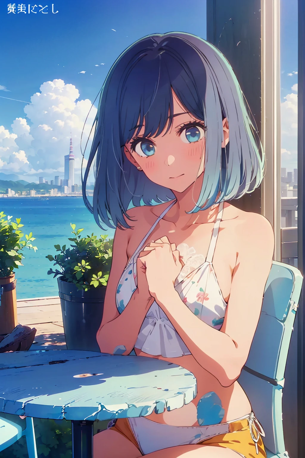 (Highest quality:1.4、8K:1.4、detailed)、Slim body、Very white beautiful skin、((((1 person、Surprised expression、sit、Chair、In the background are the urban buildings of Tokyo、looking at the camera、Outdoor café terrace、coastal、Navy hair color、juice、White side string high leg bikini、Shooting up close、table、Very cute face))))、(Cover your chest with your hands:1.4)、Very blue sky、A completely cloudless sky