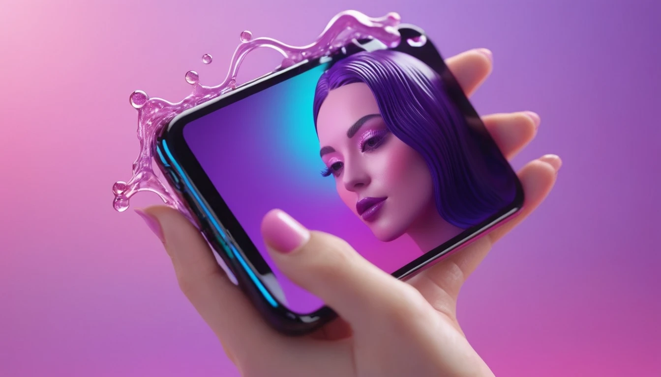 smartphone in her hand, blackhair female hands holding dildo to her face, that is glowing with pink and purple colours, dripping wet, closeup macro photo, minimalistic, in a light purple and pink style, with soft edges and blurred details, in the toycore style, with a 3D render, on a colorful background, with a minimalist stage design, in a surreal style, with a cinema4D rendering, with a minimalist style, with low saturation, using gradient colors, with a cinema4D rendering, with a blender rendering, with super detail, at a super high resolution, at a super high definition
