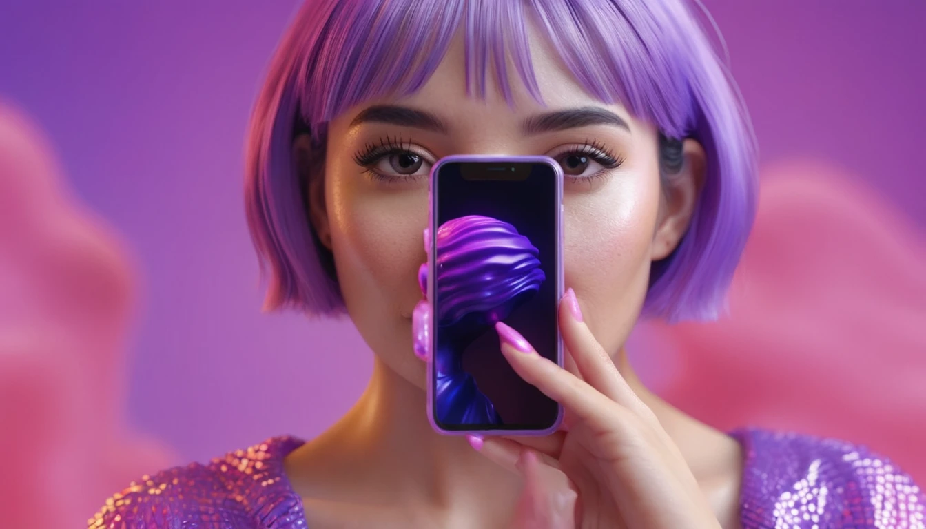 smartphone in her hand, blackhair female hands holding dildo to her face, that is glowing with pink and purple colours, dripping wet, closeup macro photo, minimalistic, in a light purple and pink style, with soft edges and blurred details, in the toycore style, with a 3D render, on a colorful background, with a minimalist stage design, in a surreal style, with a cinema4D rendering, with a minimalist style, with low saturation, using gradient colors, with a cinema4D rendering, with a blender rendering, with super detail, at a super high resolution, at a super high definition
