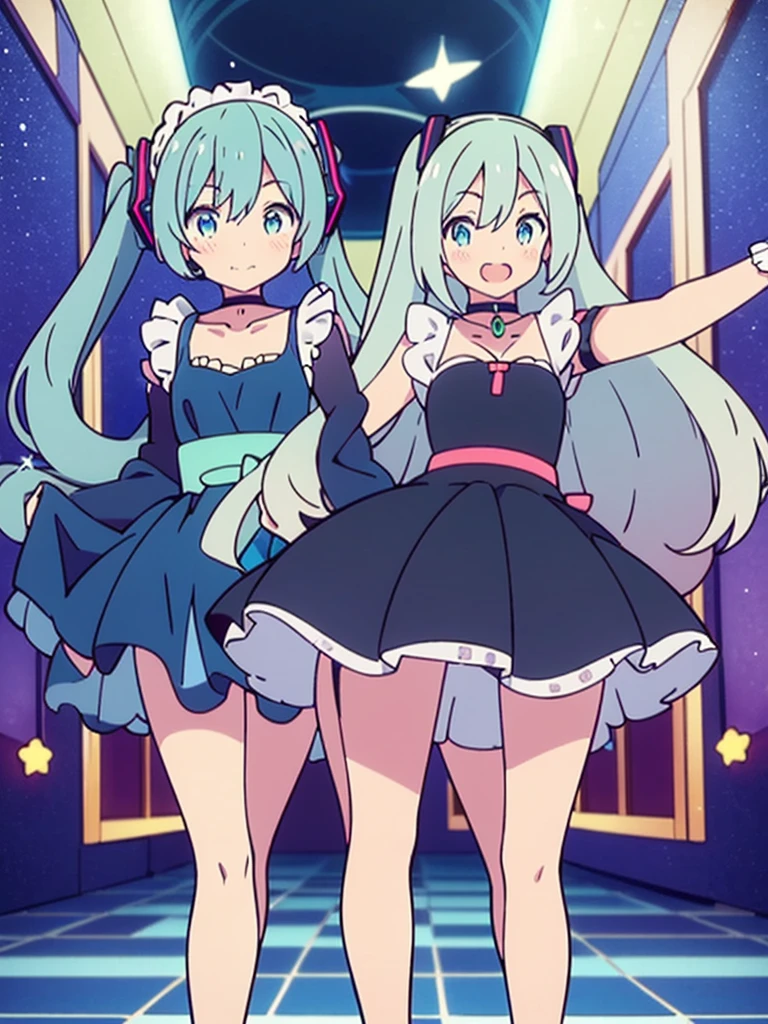 Vtuber Beautiful great quality 8k very detailed perfect anatomy a girl in a white and blue and black maid dress standing on a blue floor, Live2D Virtual Youtuber Model, anime moe art style, holoviva, mikudayo, magical girl style, my dress anime darling, maid outfit, I will deny the matter, cute anime waifu with a nice dress, Hatsune Miku, cyber universe style, night, 
