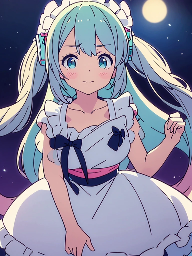 Vtuber Beautiful great quality 8k very detailed perfect anatomy a girl in a white and blue and black maid dress standing on a blue floor, Live2D Virtual Youtuber Model, anime moe art style, holoviva, mikudayo, magical girl style, my dress anime darling, maid outfit, I will deny the matter, cute anime waifu with a nice dress, Hatsune Miku, cyber universe style, night, 