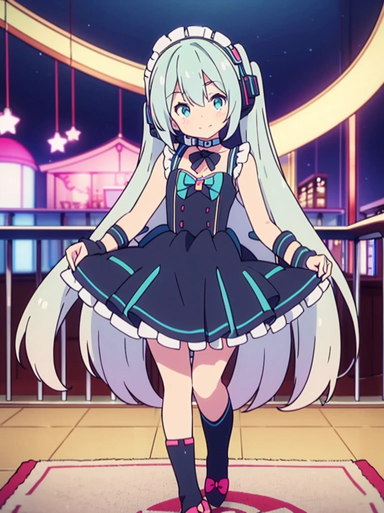 Vtuber Beautiful great quality 8k very detailed perfect anatomy a girl in a white and blue and black maid dress standing on a blue floor, Live2D Virtual Youtuber Model, anime moe art style, holoviva, mikudayo, magical girl style, my dress anime darling, maid outfit, I will deny the matter, cute anime waifu with a nice dress, Hatsune Miku, cyber universe style, night,