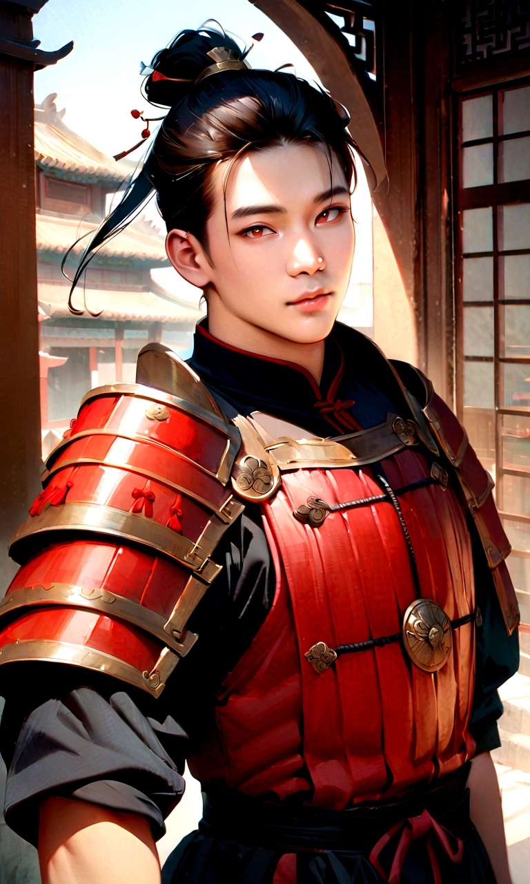 25 year old Chinese man,middle aged man,realistic,chinese_Armor,alone,Background of ancient chinese cities,detailed_eye,shoulder_Armor,(검은 eye),looking at viewer,(masterpiece:1.2), (best quality:1.2), perfect eye, perfect face, perfect lighting, (8K),(complete anatomy), Nee Shot