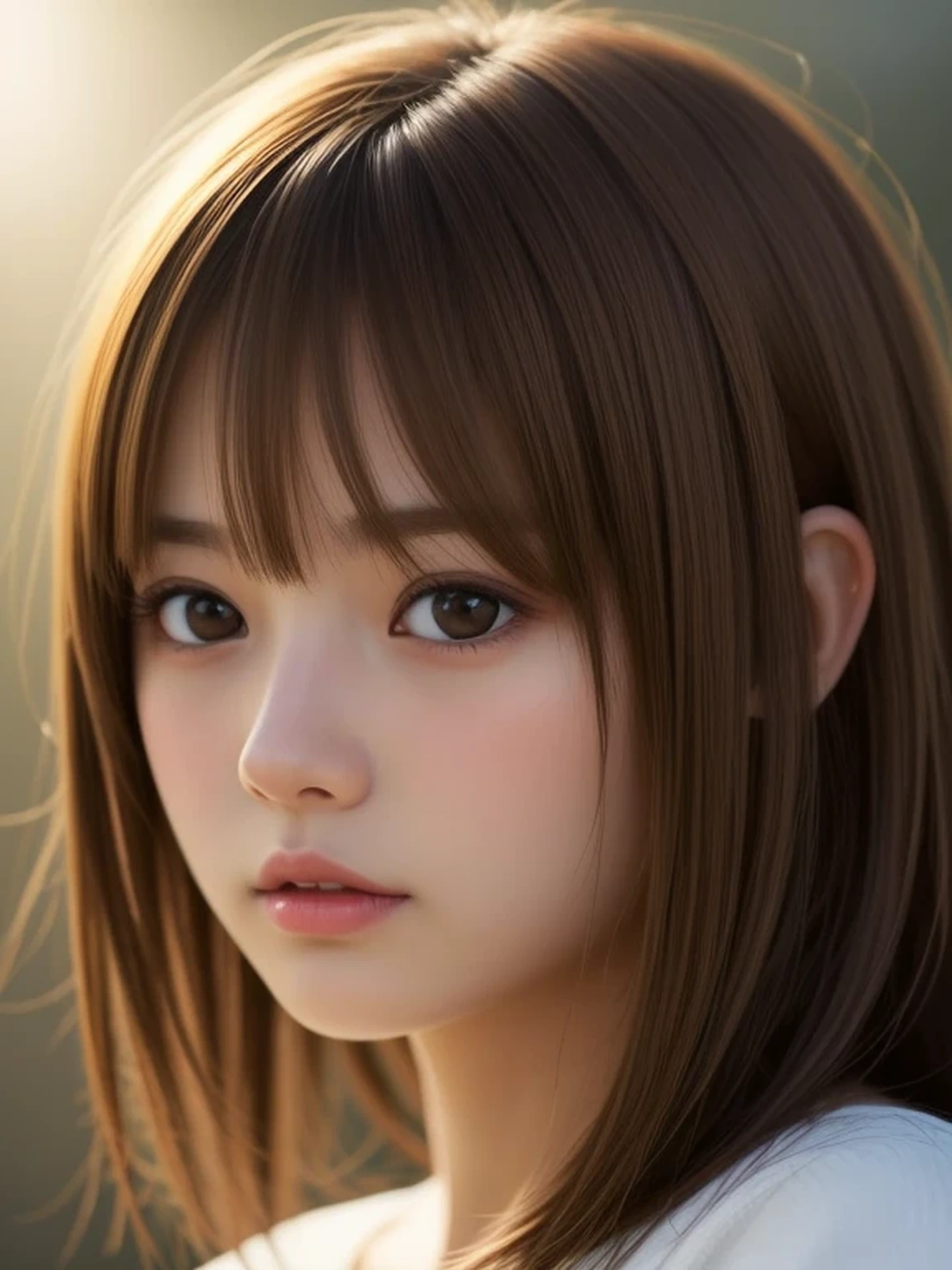 1 Japanese girl, (looking away:1.4), (upper body shot:1.2), Beautifully detailed eyeballs, catchlight in the eyes, Realistic digital painting of a woman portrait, Shy, Cute, open mouth to say something, sad, brown eyes, (medium hair:1.1), (light brown brunette hair:1.3), (Highly detailed skin:1.2), Mystical style, Global Illumination,
