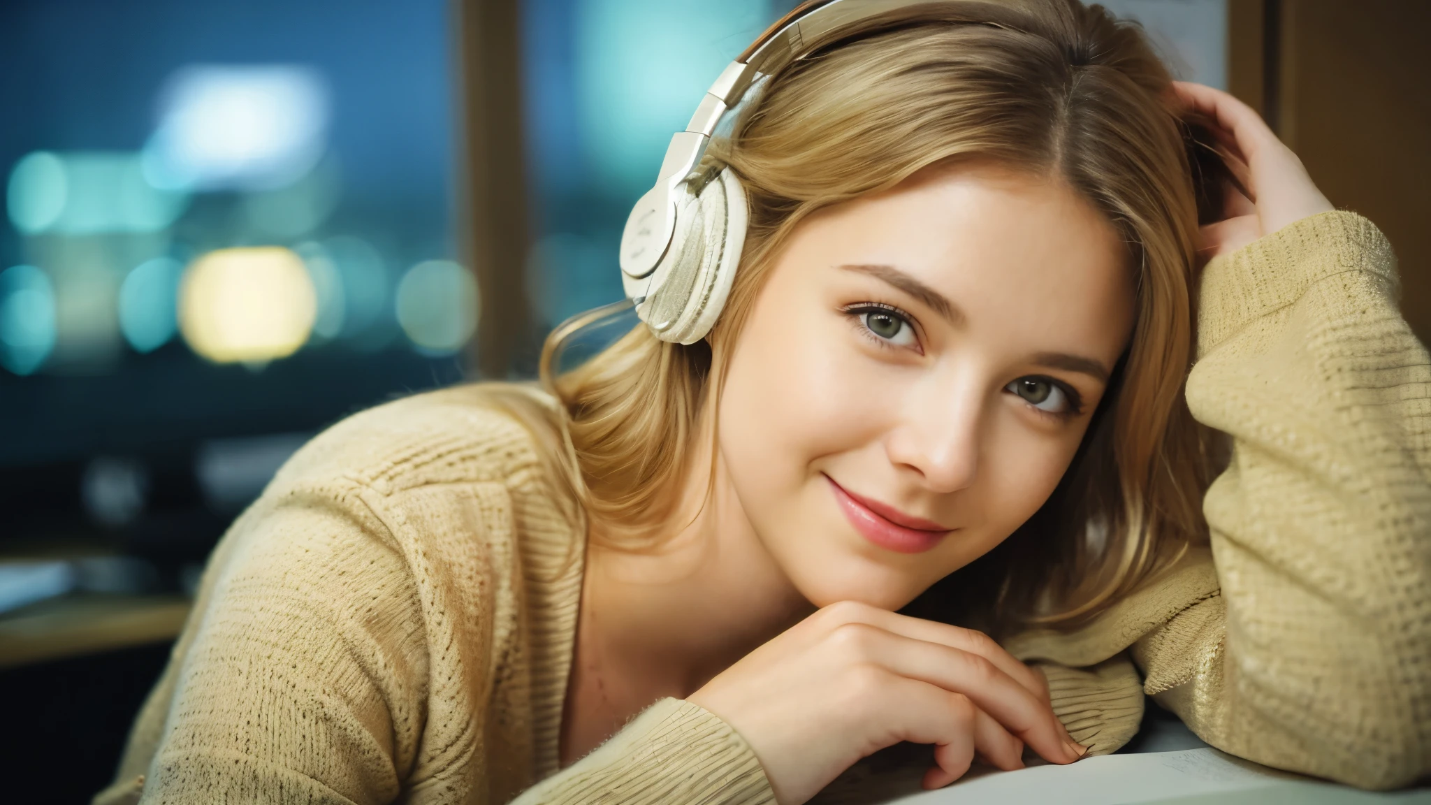 Beautiful blonde with large breasts in a beige suit (Taking a break in the office late at night),Wearing headphones,Very detailed, 21 years old, Innocent face, Naturally Wavy Hair, blue eyes, High resolution, masterpiece, Highest quality, Intricate details, Very detailed, Clear focus, Delicate skin, practical skin texture, texture, Delicate eyes, Professional, 4K, Cute Smile, Shot with Canon, 85mm, Shallow and deep,  Kodak Vision Color, Exactly, Very detailed, photograph_\(Extremist\), photographpractical, practical, Post-processing, Maximum details, Roughness, Real Life, Extremist practical, Photorealism, photographgraphy, 8K Ultra HD, photographgraphy