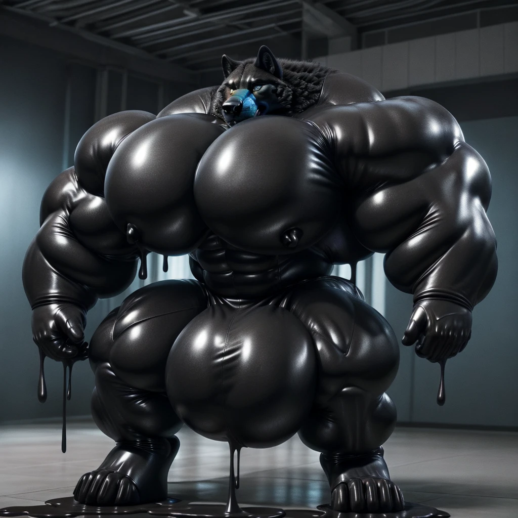 solo, male, , , , (hyper pecs:1.3), （long thick thighs:1.5）, standing, indoor,，(，,(,solo,very hyper muscles:1.3)((, Huge bulge：1.5))）（)), black glowing liquid，（((liquid_latex, , rubber:1.2)，,black latex，goo transformation，(gooey)()(l），unreal engine,perfect light，detailed, photorealistic, 4k, hd, , , , good anatomy, , (), ,, high quality, best quality, concept art, photorealistic,wolf