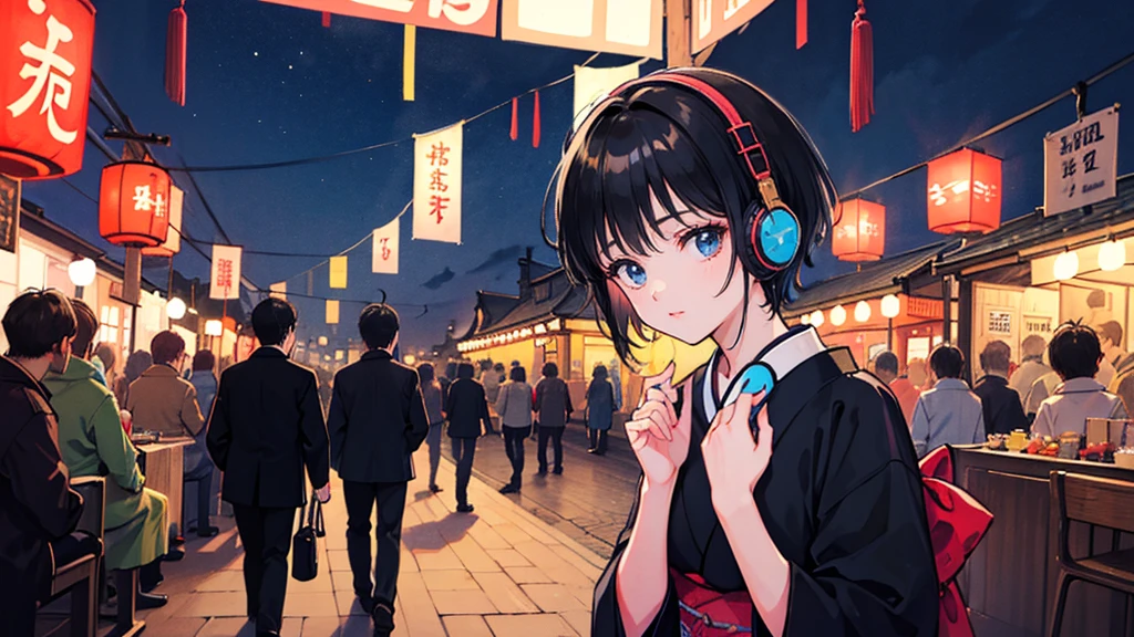 Black short Hair, Black Clothing, One Adult Woman Looking Sideways ,Blue headphones、 City of night, Delicate background、Masterpiece、Night Town、night、dark、Nostalgic、Japanese Summer Festivals