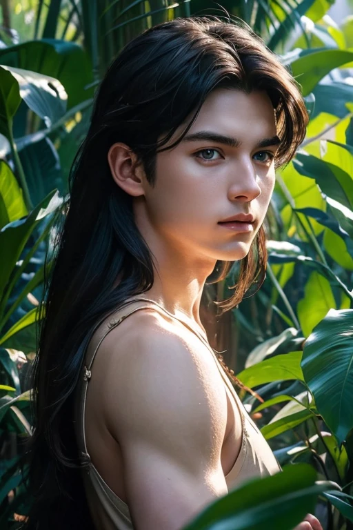 full body photorealistic shots medium of young Cody Christian as long haired Tarzan in the jungle in a high budget film, natural light photo, Canon 85L f2. 8, ISO320, 5000K colour balance, Miki Asai Macro photography, close-up, hyper detailed, trending on artstation, sharp focus, studio photo, intricate details, highly detailed, by greg rutkowski,