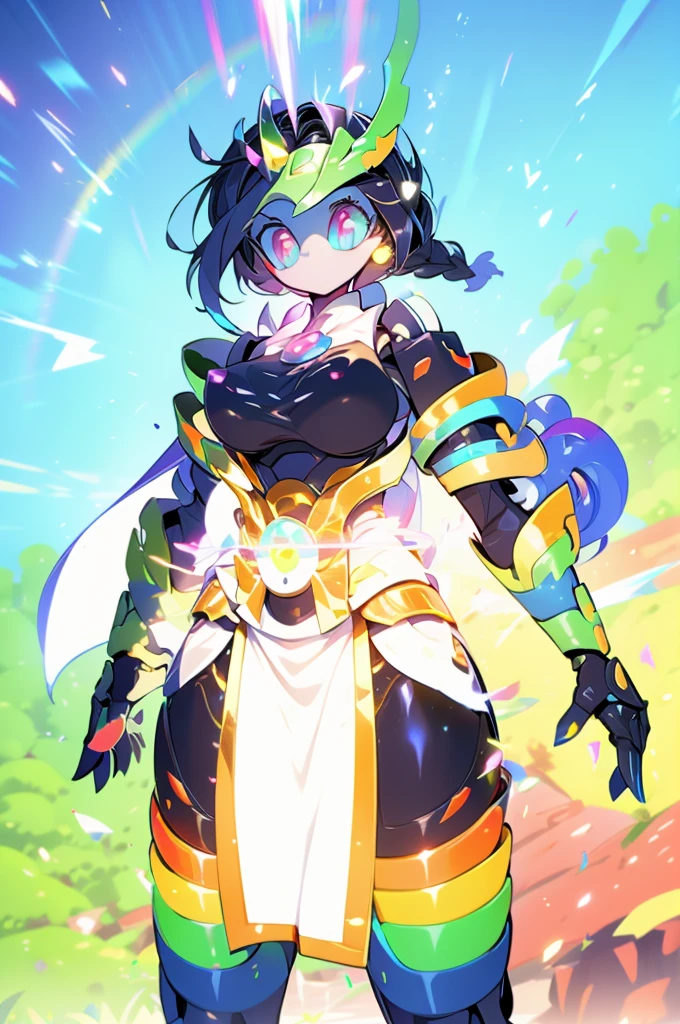 quality\(8K,Extremely detailed CG unit wallpaper, masterpiece,high resolution,top-quality,top-quality real texture skin,Surrealism,提high resolution,RAW photos,Best quality,Very detailed,,light,Ray Tracing,Golden Ratio\),Mechanical Girl,Doll girl,Glowing eyes,Doll eyes,matriarchal,braid,垂在胸侧的braid, body,Maturem,cute,cute,cute,Slender figure,Close-up above the waist,Royal sister,grace,Big breasts,lt,机械belt,Tihts,宝石belt,宝石belt,White skin,White underwear,GradientRainbow Armor,apron,apron,front swing,裙摆front swing,袍子front swing,No backswing,No backswing,Gradient过膝袜,裸体apron,Gradient彩虹色铠甲,彩虹Gradient,Rainbow Armor,GradientRainbow Armor,Gradient,Long hair,Long hair,Long hair,spray paint style,spray paint style