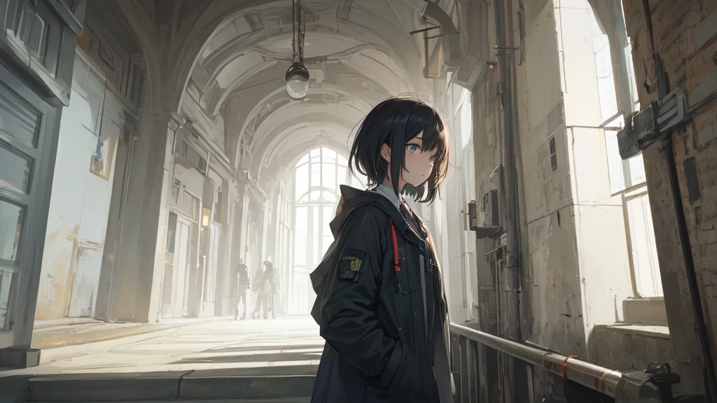 masterpiece:1.2), best quality ,pixiv, anime girl ,long straight white hair , black eyes ,Wearing off-white camouflage uniform ,ten years old,(Eyes looking into the distance:1.3),(look away:1.5),Girl standing in bright hospital corridor,