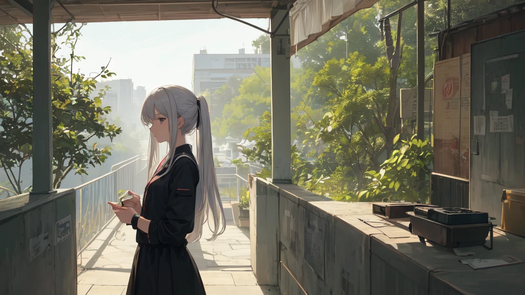 masterpiece:1.2), best quality ,pixiv, anime girl ，long straight white hair , black eyes ,Wearing off-white camouflage uniform ,ten years old，(Eyes looking into the distance:1.3)，(look away:1.5)，Girl standing in bright hospital corridor，