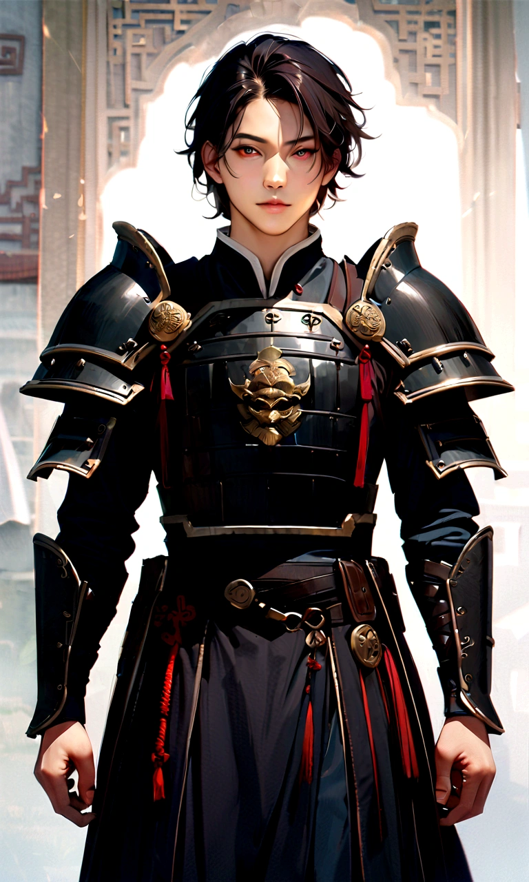25 year old Chinese man,middle aged man,realistic,chinese_Armor,alone,Background of ancient chinese cities,detailed_eye,shoulder_Armor,(검은 eye),looking at viewer,(masterpiece:1.2), (best quality:1.2), perfect eye, perfect face, perfect lighting, (8K),(complete ???????), Nee Shot