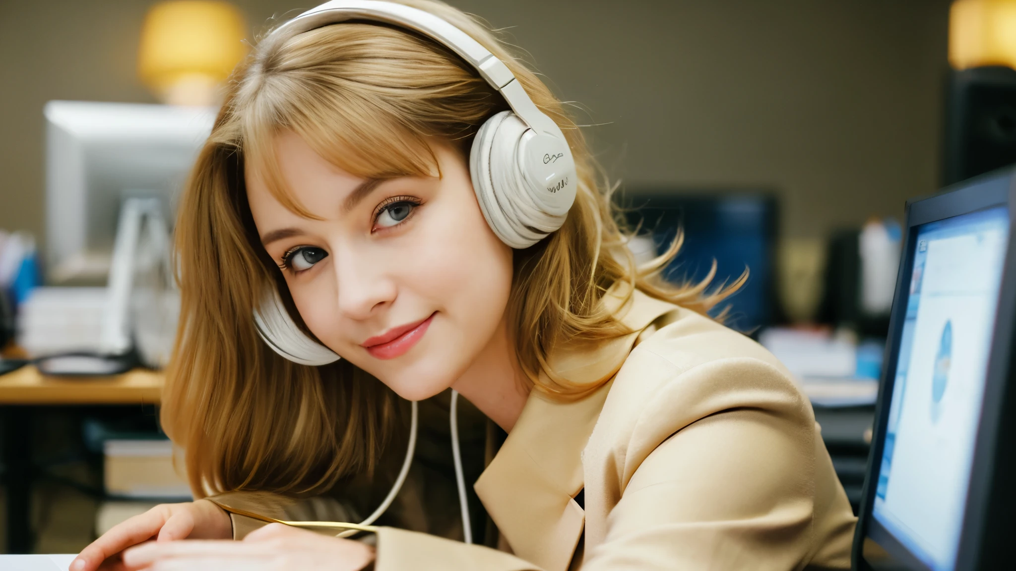 Beautiful blonde with large breasts in a beige suit (Taking a break in the office late at night),Wearing headphones,Very detailed, 21 years old, Innocent face, Naturally Wavy Hair, blue eyes, High resolution, masterpiece, Highest quality, Intricate details, Very detailed, Clear focus, Delicate skin, practical skin texture, texture, Delicate eyes, Professional, 4K, Cute Smile, Shot with Canon, 85mm, Shallow and deep, Kodak Vision Color, Exactly, Very detailed, photograph_\(Extremist\), photographpractical, practical, Post-processing, Maximum details, Roughness, Real Life, Extremist practical, Photorealism, photographgraphy, 8K Ultra HD, photographgraphy
