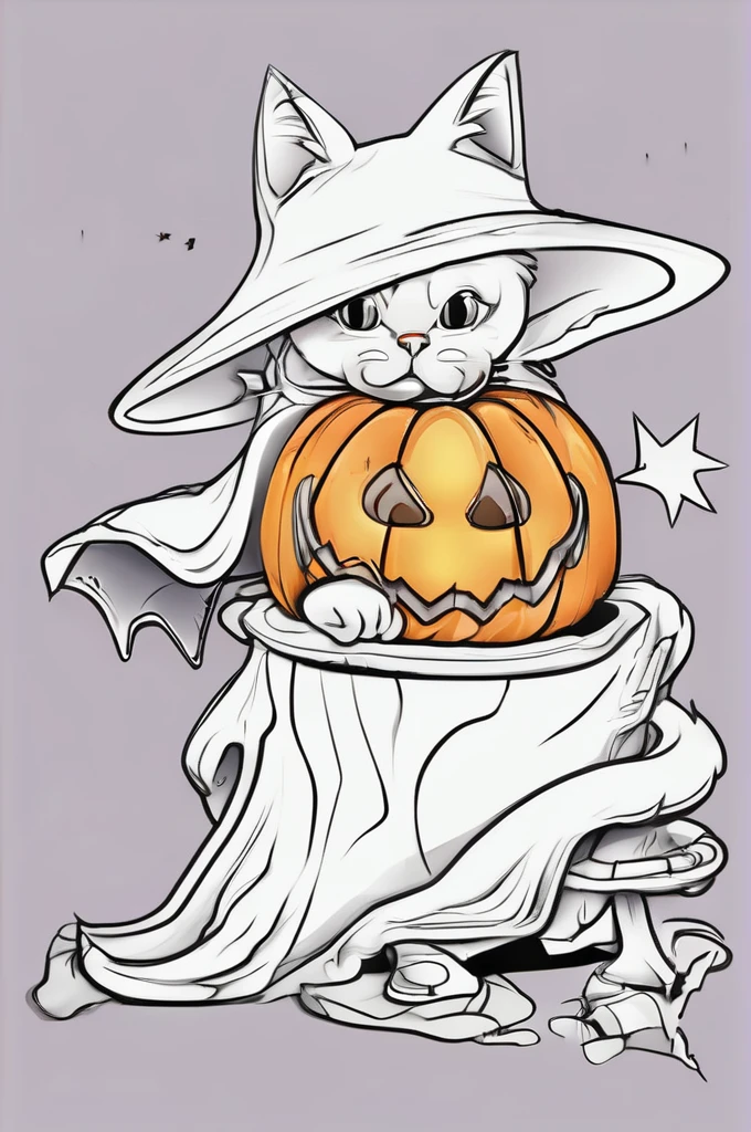 A cute cat, Halloween, custome, ghost. line art, cartoon character, 3d style, high-quality, coloring book, hand-draw, lineart, blank and white coloring.