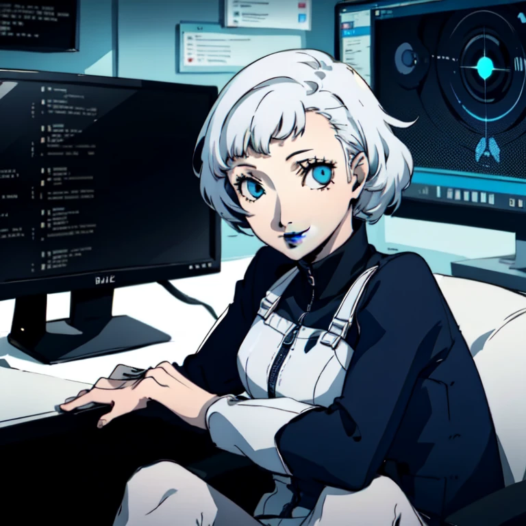 masterpiece, ((best quality)),((1 girl)), blue eyes, black lipstick, white hair, female , tomboy, deep blue suit, white hair, white hair,smiling,hacker,in the,dark room,sitting,looking monitor,cute