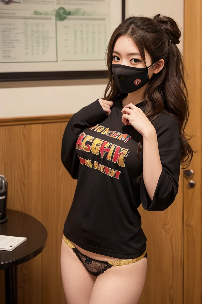 Best image quality、Highest quality、Highest Resolution、The real picture、detailed、1 female college student、Brown curly hair、looking at the camera、(Slender body:1.2)、（Small breasts:1.2)、Red and gold plaid mask and good、赤と金のpantiesとガーターベルト、I am studying Iga-ryu Ninjutsu.、My skill level is 2nd dan in Iga-ryu Ninpo..、His special moves are the shocking pie beam and hip attack..、The mask has Iga-ryu characters written on it., good, panties.、A female college student wearing a mask、Never show your true face。&#39;Rather than showing off her breasts or pussy、It&#39;s more embarrassing to show your true face.、(Striking an Iga-ryu ninja pose.:1.5)、（Other half-masks are scattered on the floor and walls..:1.3）