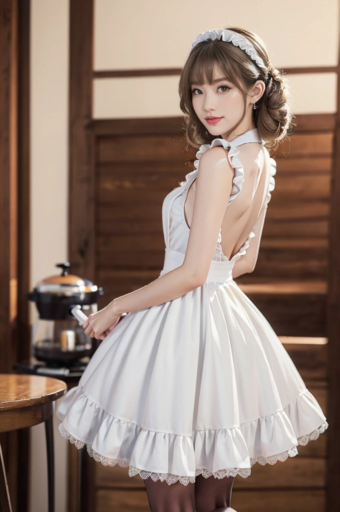 (((best quality))),(((ultra detailed))),(((masterpiece))),illustration,1girl,maid cafe,stunningly beautiful,slim,medium straight bob hair,bare back,towering hips,butt crack,deep captivating eyes,maid costume,see through lace apron,short hemline,bare arms,arms behind back,thighs,slender legs,pantyhose,graceful movements,confident charm,warm genuine smile,France cafe,delicious coffee pastries,warm inviting atmosphere,joyful eyes,Coffee Machine,upper body,from back
