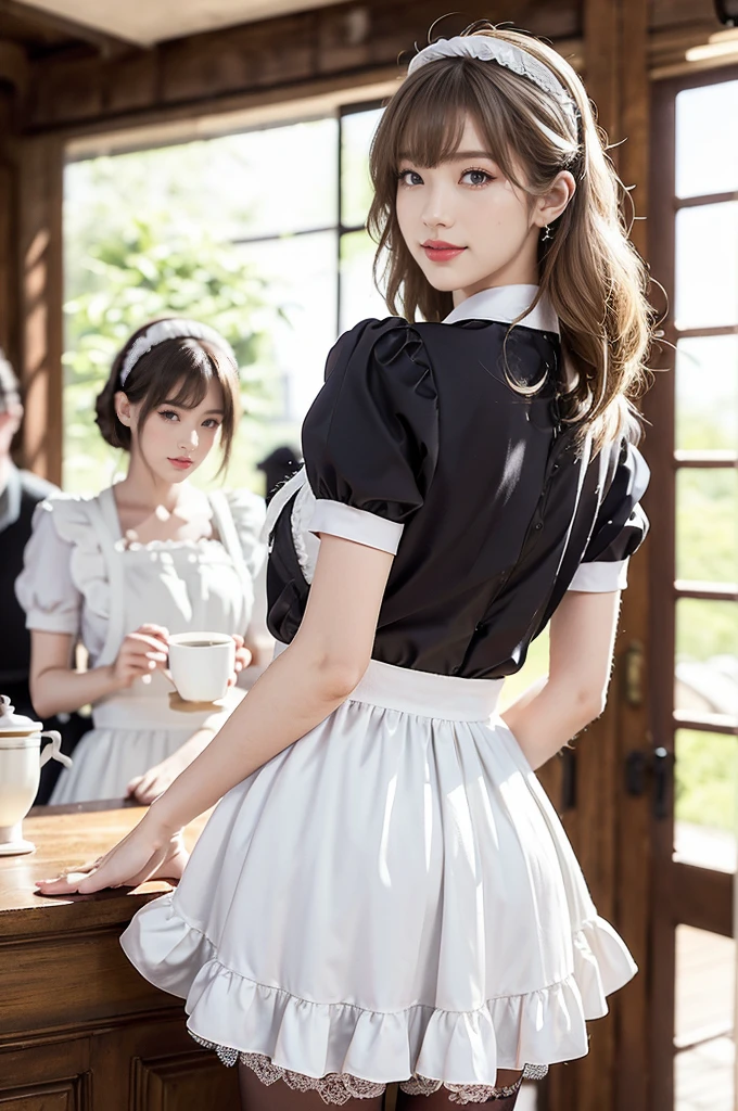 (((best quality))),(((ultra detailed))),(((masterpiece))),illustration,1girl,maid cafe,stunningly beautiful,slim,medium straight bob hair,bare back,towering hips,butt crack,deep captivating eyes,maid costume,see through lace apron,short hemline,bare arms,arms behind back,thighs,slender legs,pantyhose,graceful movements,confident charm,warm genuine smile,France cafe,delicious coffee pastries,warm inviting atmosphere,joyful eyes,Coffee Machine,upper body,from back