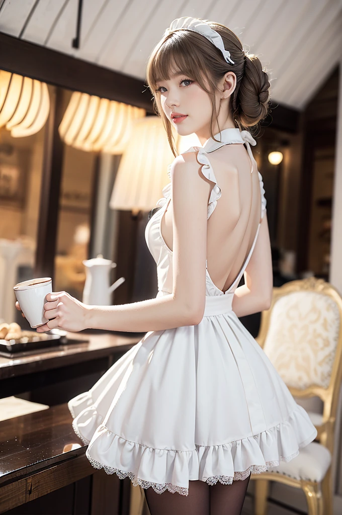 (((best quality))),(((ultra detailed))),(((masterpiece))),illustration,1girl,maid cafe,stunningly beautiful,slim,medium straight bob hair,bare back,towering hips,butt crack,deep captivating eyes,maid costume,see through lace apron,short hemline,bare arms,arms behind back,thighs,slender legs,pantyhose,graceful movements,confident charm,warm genuine smile,France cafe,delicious coffee pastries,warm inviting atmosphere,joyful eyes,Coffee Machine,upper body,from back