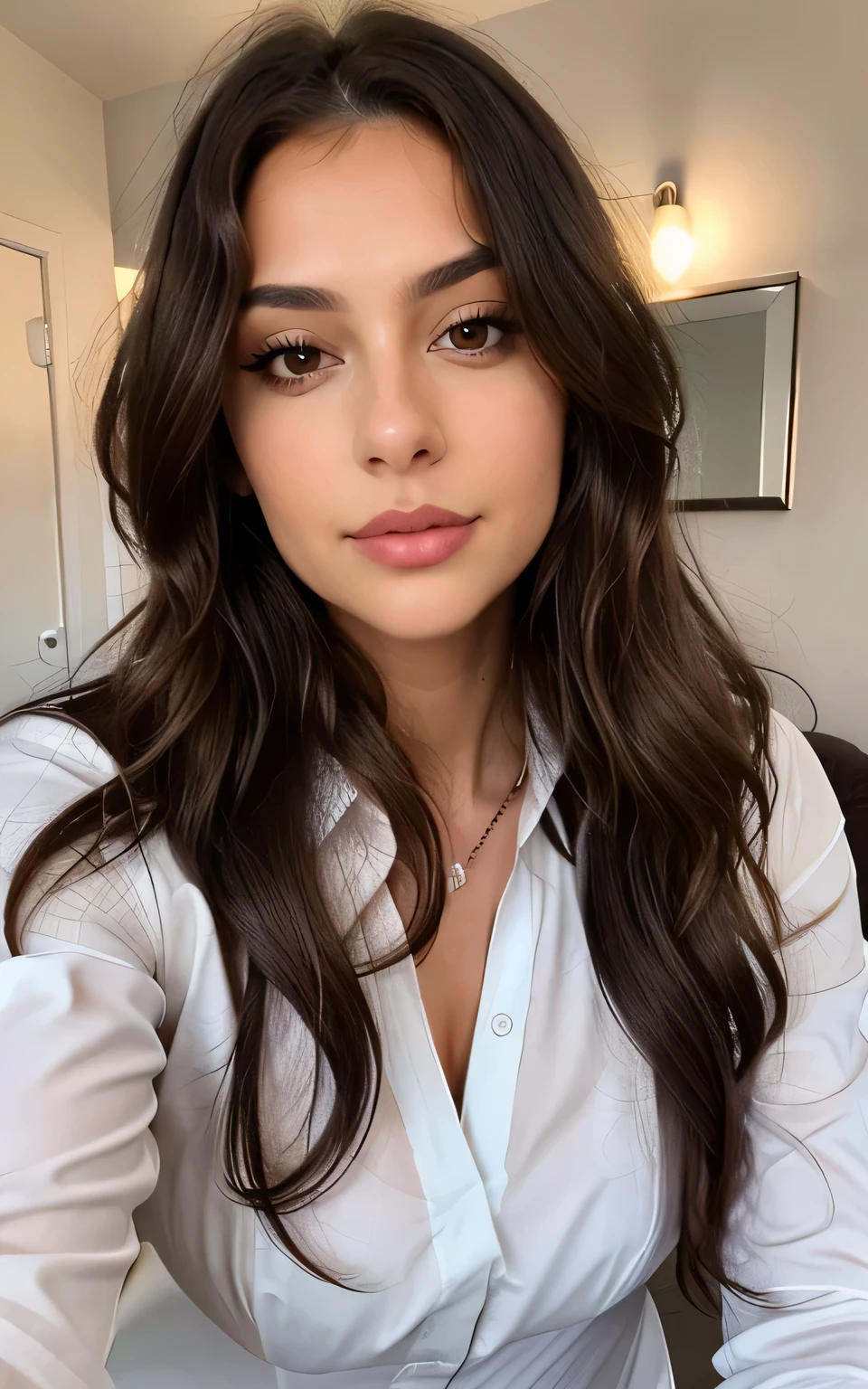 1 woman, Long wavy hair, dark brown eyes, average breasts, with a white blouse, sensual, staring eyes