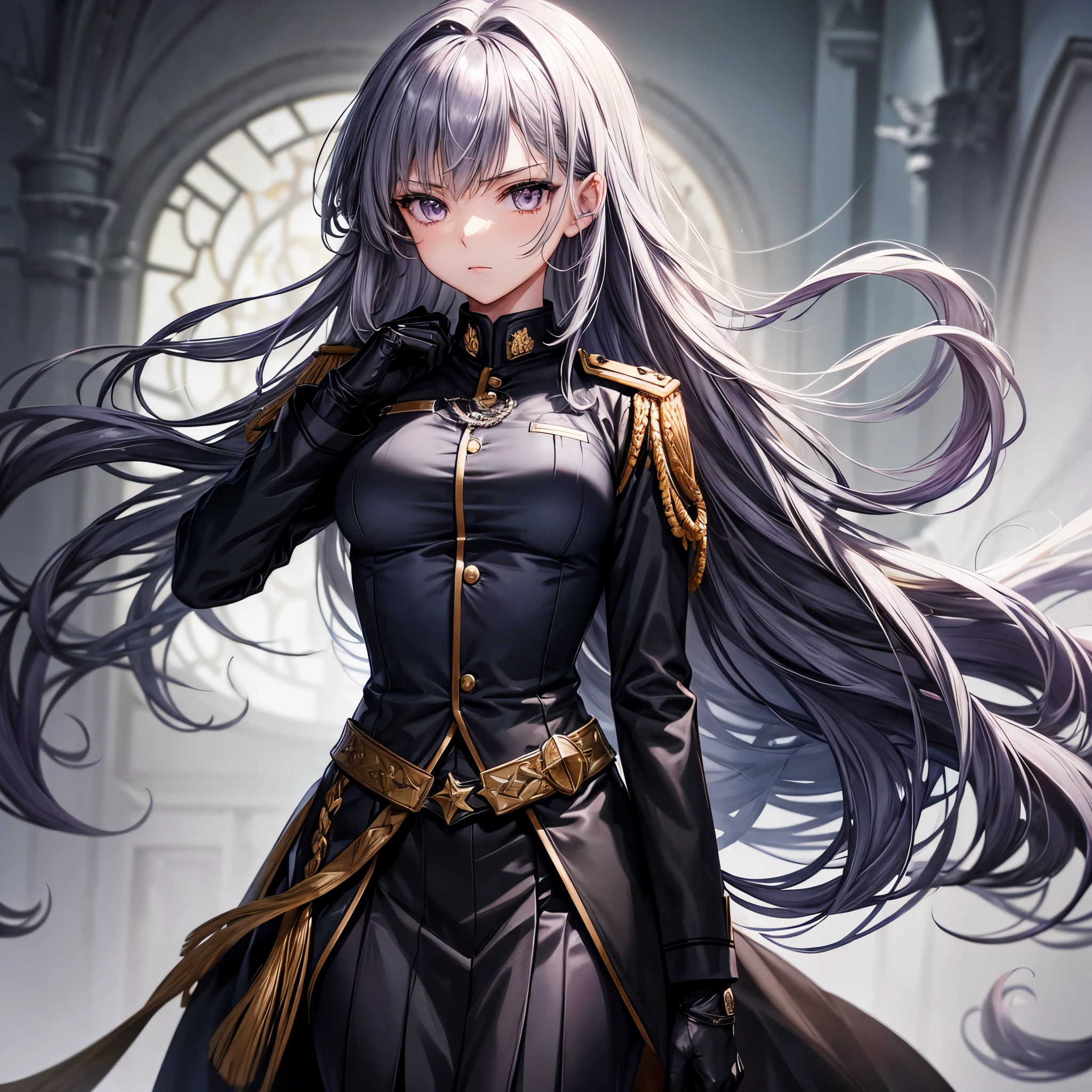 Beautiful woman, 1girl, long hair, grey purple hair, grey eyes, military uniform, small breasts, black uniform, black skirt, black gloves, crossed arms
