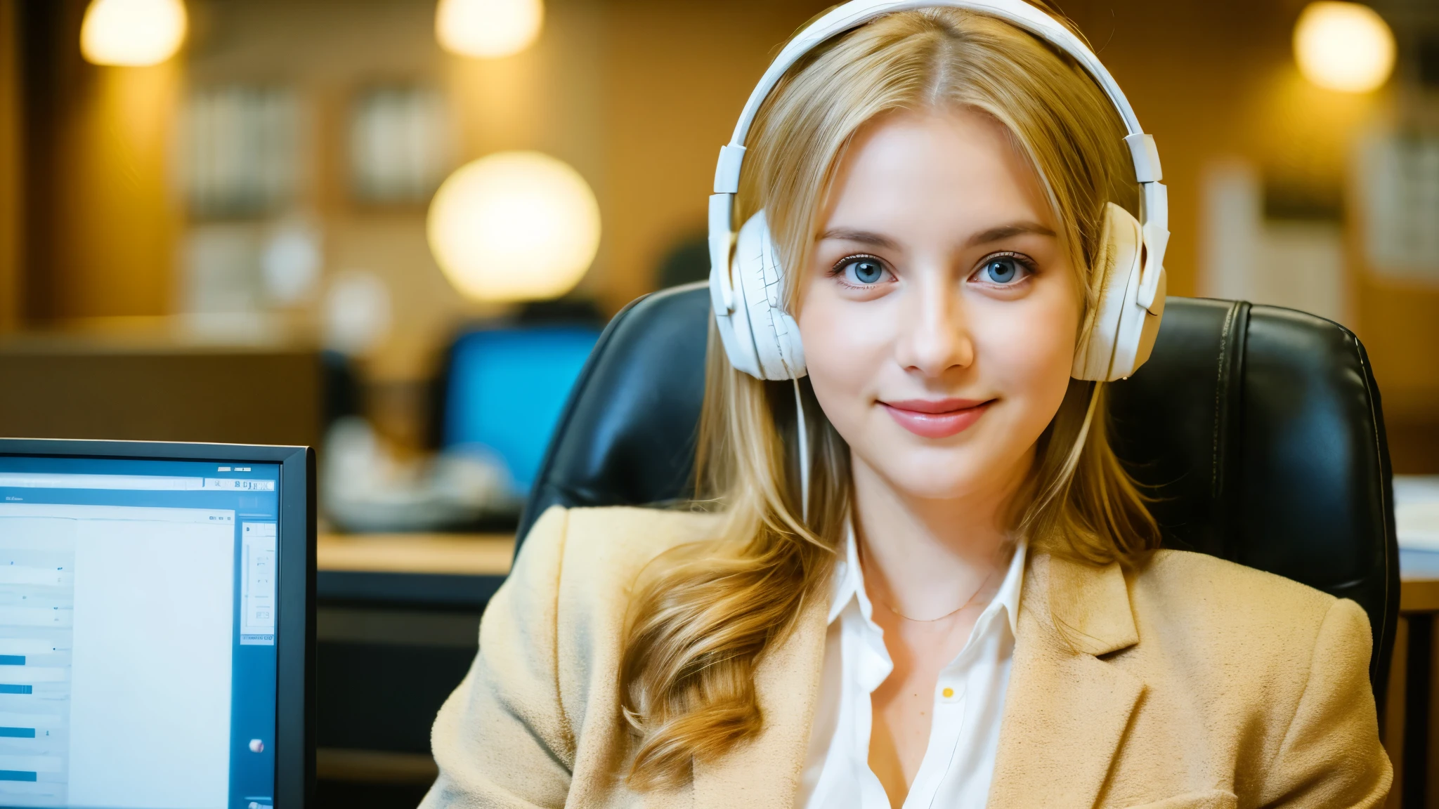 Beautiful blonde with large breasts in a beige suit (Taking a break in the office late at night),Wearing headphones,Very detailed, 21 years old, Innocent face, Naturally Wavy Hair, blue eyes, High resolution, masterpiece, Highest quality, Intricate details, Very detailed, Clear focus, Delicate skin, practical skin texture, texture, Delicate eyes, Professional, 4K, Cute Smile, Shot with Canon, 85mm, Shallow and deep, Kodak Vision Color, Exactly, Very detailed, photograph_\(Extremist\), photographpractical, practical, Post-processing, Maximum details, Roughness, Real Life, Extremist practical, Photorealism, photographgraphy, 8K Ultra HD, photographgraphy