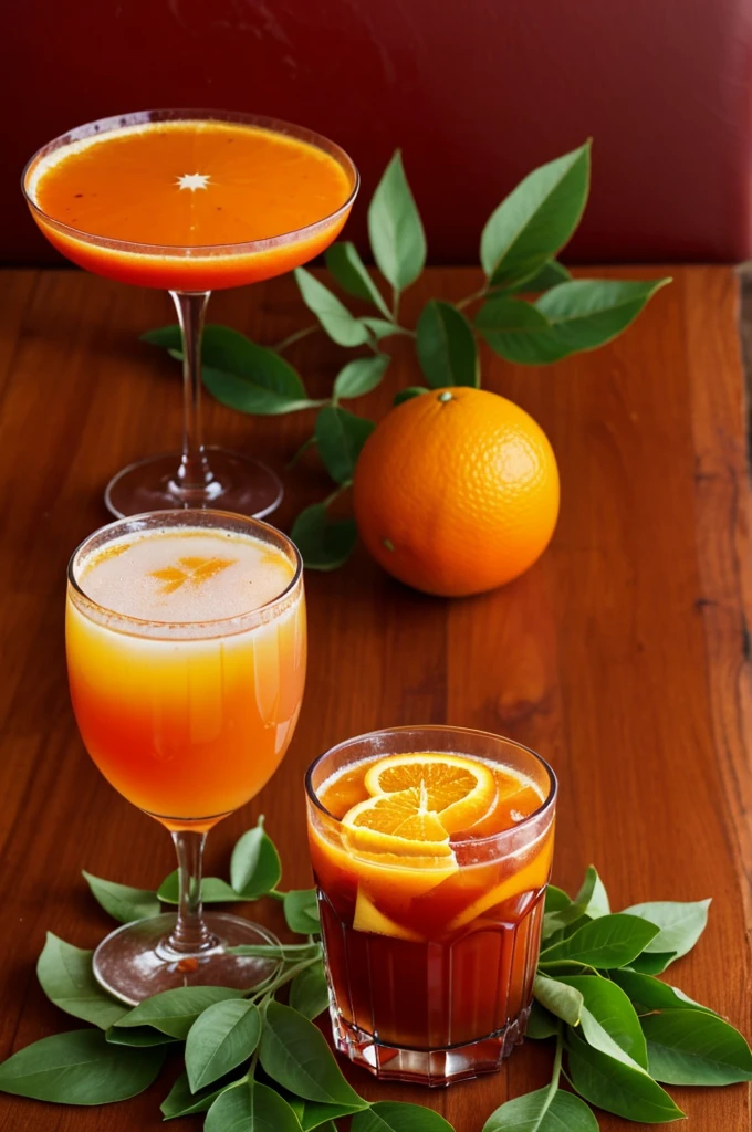 A glass of orange and red drink , submitted a post for my restaurant with an orange background around green leaves with pieces of orange