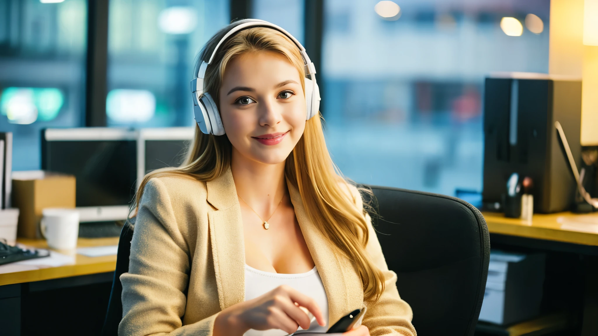 Beautiful blonde with large in a beige suit (Taking a break in the office late at night),Wearing headphones,Very detailed, 21 years old, Innocent face, Naturally Wavy Hair, blue eyes, High resolution, masterpiece, Highest quality, Intricate details, Very detailed, Clear focus, Delicate skin, practical skin texture, texture, Delicate eyes, Professional, 4K, Cute Smile, Shot with Canon, 85mm, Shallow and deep, Kodak Vision Color, Exactly, Very detailed, photograph_\(Extremist\), photographpractical, practical, Post-processing, Maximum details, Roughness, Real Life, Extremist practical, Photorealism, photographgraphy, 8K Ultra HD, photographgraphy