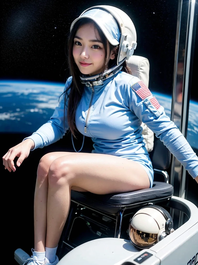 (smile)、(((Staring at the audience)))、((Spaceman in space suit sitting in spaceship cockpit)),wear spacesuits, Dressed in an astronaut costume, Cute girl in a tank top, girl in space, In space, (((Dressed in an astronaut costume))), woman astronaut, ((Sitting on a chair with legs spread))、((Sexy young woman's body:1.4))、