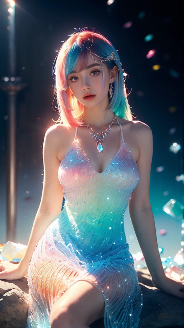 (Masterpiece), (Best quality), Extremely detailed, illustration, ((1girl)), (crystal dress),(colorful crystal),(colorful gradient hair:1.2), crystal headdress, crystal necklace, (body crystal), crystal shops, sitting posture,(colorful crystals),(transparent crystal),Crystal decoration, A crystal pendant,Crystal necklace,(colorfulhair:1.2),(Colorful dresses),High chiaroscuro, (huge crystal background), (colorful themes)