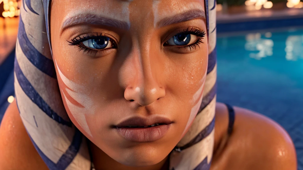 masterpiece, (dynamic lighting:1.3), ultra-detailed, aroused face, perfect face, mature female, medium breast, ahsoka_tano, outside, (detailed background), sexy bikini, by the pool, photorealistic, 8k, (best quality:1.4), intricate details, stunning colors, cinematic lighting, volumetric lighting, realistic skin texture, (realistic facial features:1.2), natural pose, highly detailed facial expressions, (beautiful detailed eyes:1.3), beautiful detailed lips, extremely detailed face, longeyelashes, soft lighting, warm color palette, atmospheric lighting, (cinematic composition:1.1)