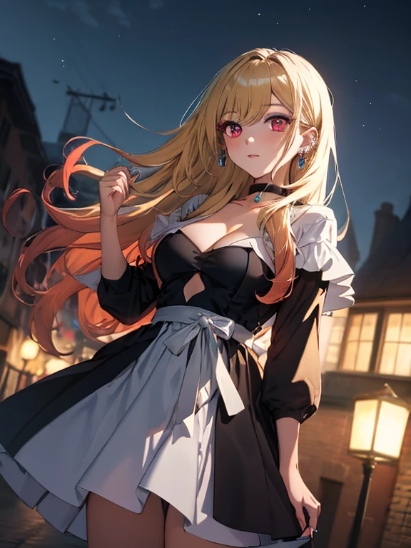 Evening Dress, Night view, Beauty, Beautiful eyes, pub, (masterpiece), highest quality, Kitagawa Marine, 1girl, blonde hair, long hair, multicolored hair, red eyes, jewelry, earrings, piercing, black choker, uhd, retina, masterpiece, ccurate, anatomically correct, textured skin, super detail, high details, high quality, best quality, highres, 4K