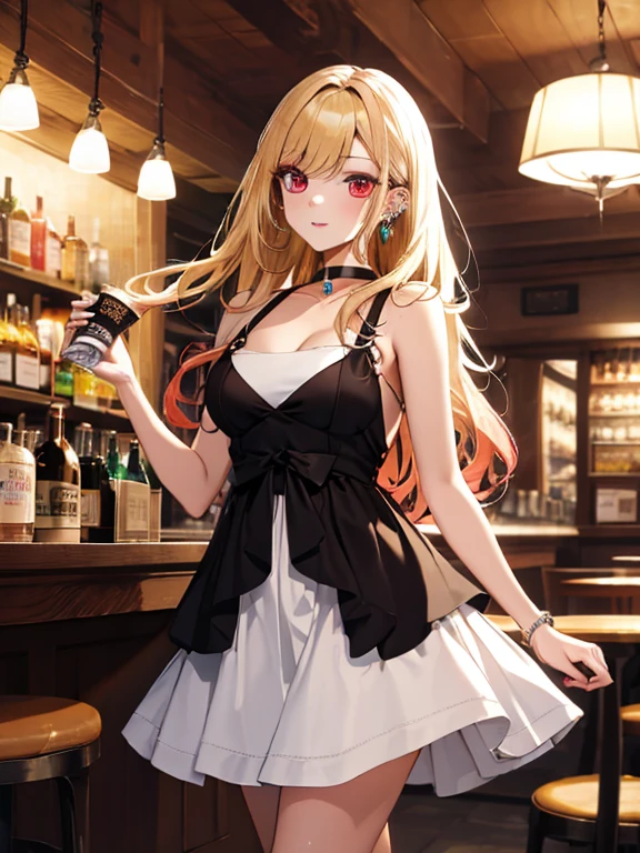 Evening Dress, Night view, Beauty, Beautiful eyes, pub, (masterpiece), highest quality, Kitagawa Marine, 1girl, blonde hair, long hair, multicolored hair, red eyes, jewelry, earrings, piercing, black choker, uhd, retina, masterpiece, ccurate, anatomically correct, textured skin, super detail, high details, high quality, best quality, highres, 4K