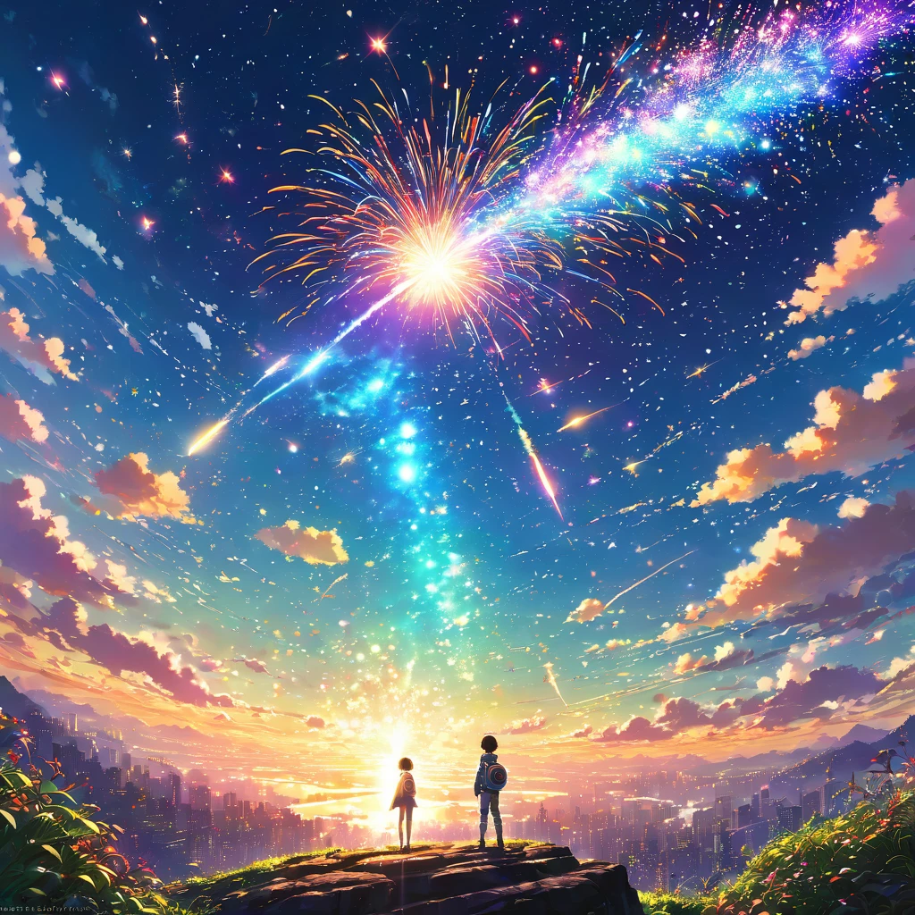 Milky Way, star, 惑star, firework, launch, explosion, Light, trajectory, colorful, UFO, disk, alien, Spaceman, friendliness, smile, fun, Fantasy, dream, sf, beautiful Anime Scenery, Landscape painting, Beautiful digital painting, Andreas Rocha, Beautiful artwork illustration, Awesome Wallpapers, Raymond Han, Tall beautiful paintings, Studio Greeble Makoto Shinkai, Beautiful Wallpapers, Anime Scenery