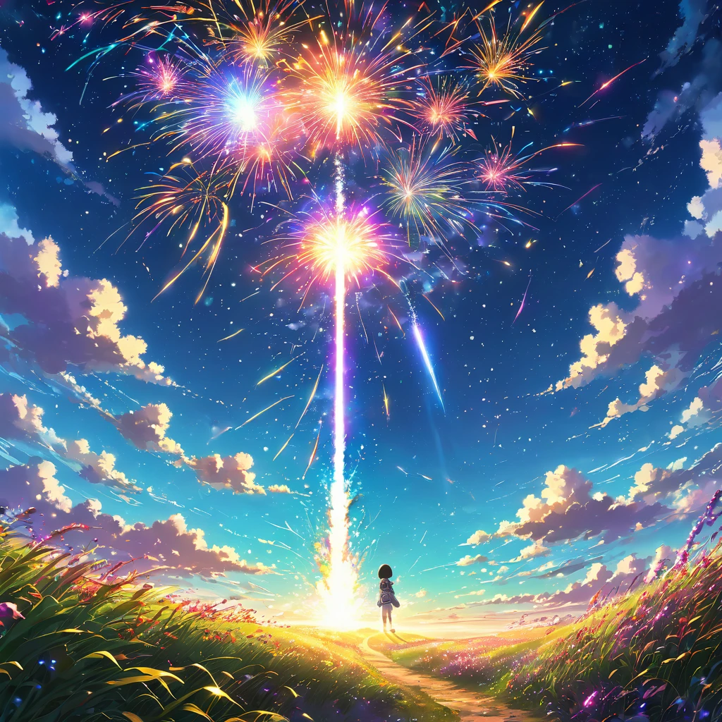 Milky Way, star, 惑star, firework, launch, explosion, Light, trajectory, colorful, UFO, disk, alien, Spaceman, friendliness, smile, fun, Fantasy, dream, sf, beautiful Anime Scenery, Landscape painting, Beautiful digital painting, Andreas Rocha, Beautiful artwork illustration, Awesome Wallpapers, Raymond Han, Tall beautiful paintings, Studio Greeble Makoto Shinkai, Beautiful Wallpapers, Anime Scenery