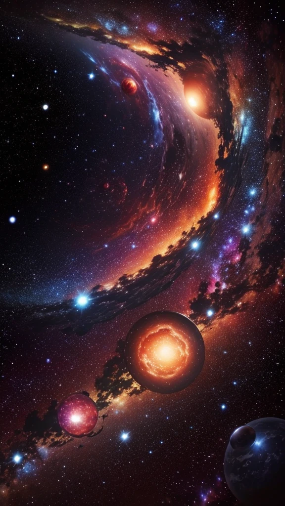 Galaxy with nebulae and planets, large and small, Black star explosion, And the planet and its rotating moons. There are multiple colors, Soft and shiny. There are also shooting stars and the Milky Way.