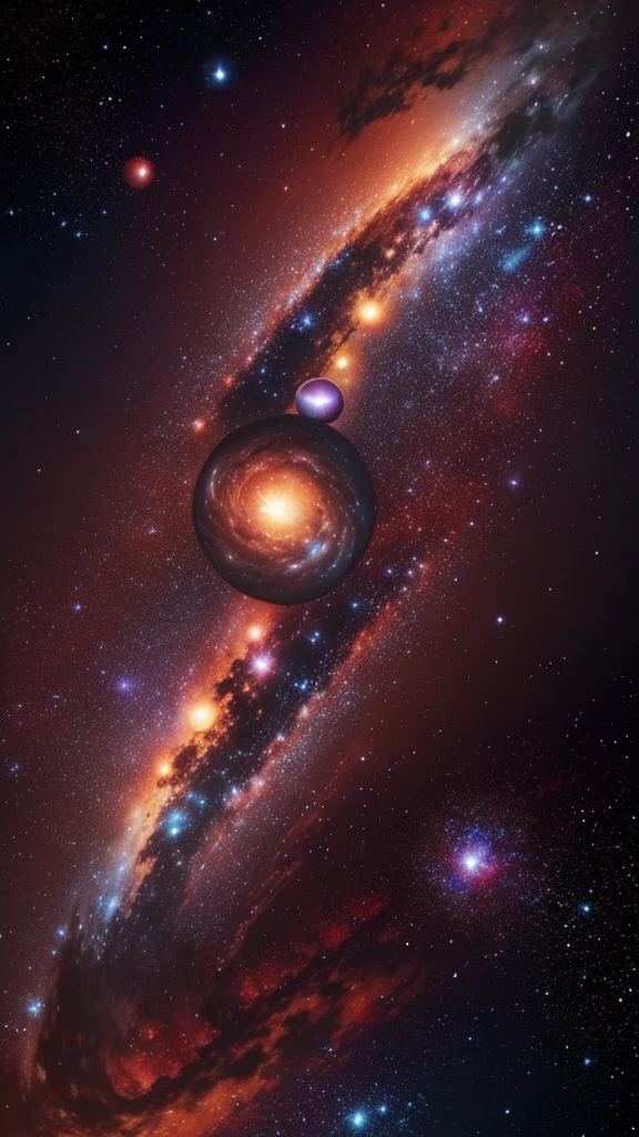 Galaxy with nebulae and planets, large and small, Black star explosion, And the planet and its rotating moons. There are multiple colors, Soft and shiny. There are also shooting stars and the Milky Way.