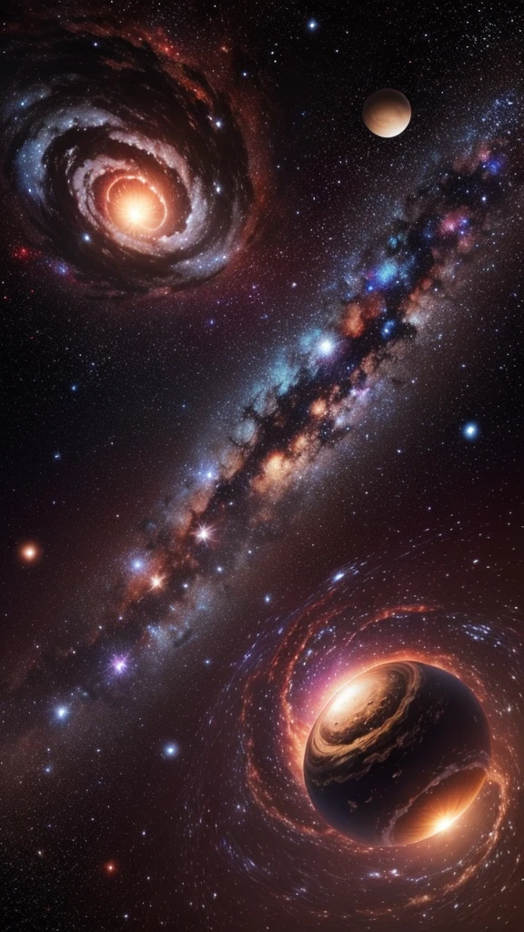 Galaxy with nebulae and planets, large and small, Black star explosion, And the planet and its rotating moons. There are multiple colors, Soft and shiny. There are also shooting stars and the Milky Way.