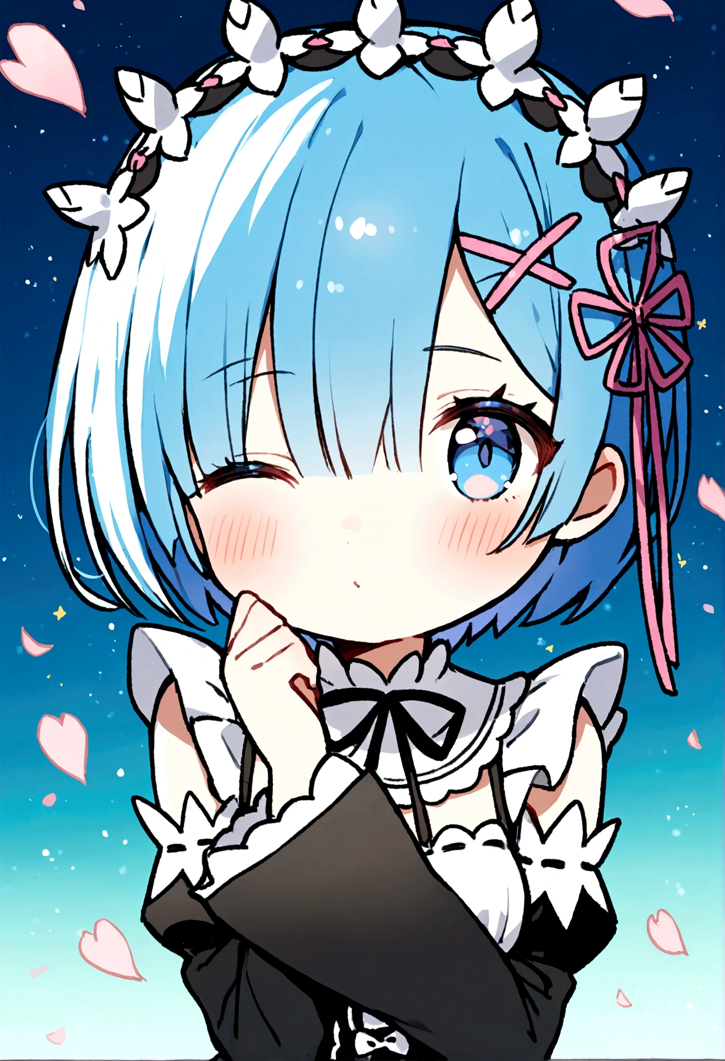 1girl, bangs, blue eyes, blue hair, blush, chibi, closed mouth, detached sleeves, dress, frilled sleeves, frills, hair ornament, hair ribbon, long sleeves, looking at viewer, maid, maid headdress, neck ribbon, one eye closed, petals, pink ribbon, rem \(re:zero\), ribbon, roswaal mansion maid uniform, short hair, solo, star \(symbol\), upper body, x hair ornament