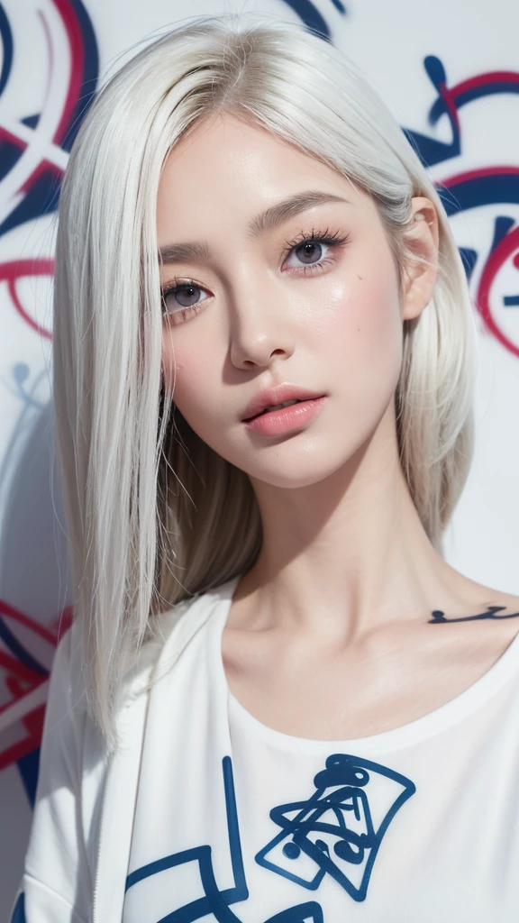 ,1girl, solo, pretty face, eyelashes, nose, glossy lips, (detailed eyes, looking at viewer, fair skin, white skin: 1.5), smooth skin, intricate, graceful, highly detailed, majestic, digital photography, hyper realistic, Masterpiece, Best Quality, Best Quality, (graffiti:1.5), paint splatter, jacket, On wall, paint can, looking at viewer, head slanted, clothing color