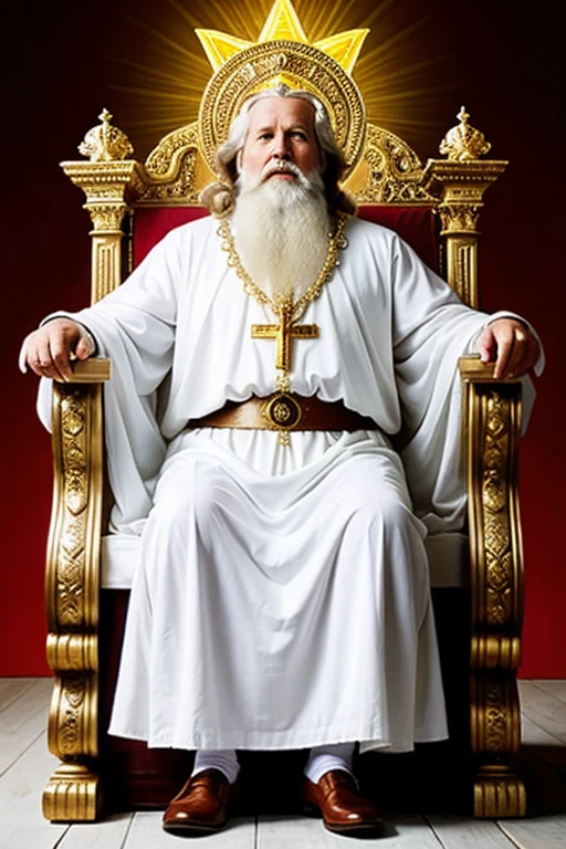 Create me a picture about the Trinity of God, Very old father god with white beard and his white dress sitting on his throne, God son, and God Holy Spirit standing all resplendent