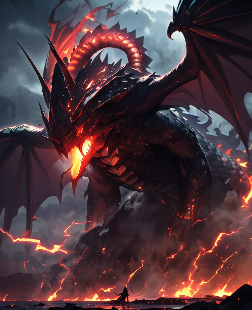A terrifying gigantic creature from Greek mythology, named Typhon, standing in a dark, stormy landscape with lightning in the sky. It has a body as large as a mountain, with multiple snake legs, large wings, and it is breathing fire. The creature's skin is covered in scales, and it has glowing red eyes,