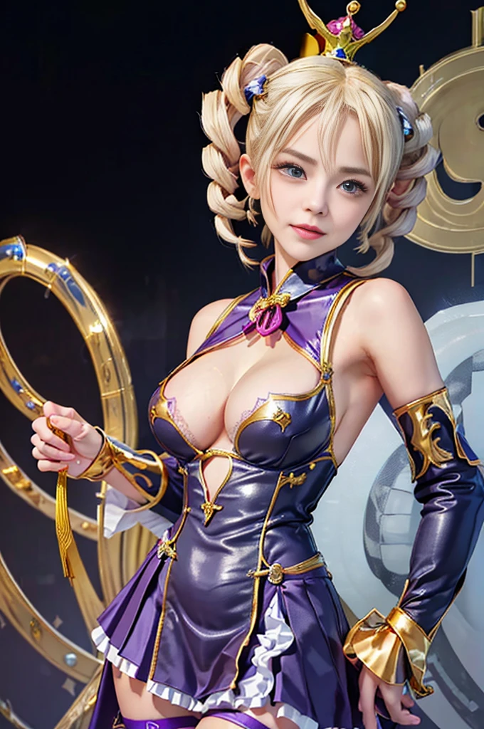 Highest quality Masterpiece 8K Super fine Beautiful Face 1girl Realistic Two Arms Five Fingers Two Legs ((Super Drill Twintails)) ((Platinum Blonde Hair)) Body Plump Shiny skin Slit eyes Thick makeup in Chinese style Narrow eyes Long eyelashes Cao Cao Warlene Awkward gaze An inappropriate smile Leather sleeveless outerwear Transparent white lace inner Purple hair ribbon decorated with a gold skull ((Super big breasts:1.65)) Are standing Looking at this Hands on hips Koihime Musou Ultra mini skirt