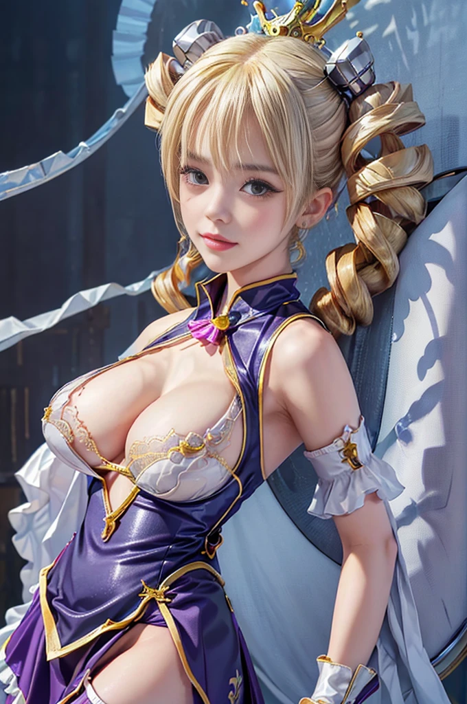 Highest quality Masterpiece 8K Super fine Beautiful Face 1girl Realistic Two Arms Five Fingers Two Legs ((Super Drill Twintails)) ((Platinum Blonde Hair)) Body Plump Shiny skin Slit eyes Thick makeup in Chinese style Narrow eyes Long eyelashes Cao Cao Warlene Awkward gaze An inappropriate smile Leather sleeveless outerwear Transparent white lace inner Purple hair ribbon decorated with a gold skull ((Super big breasts:1.65)) Are standing Looking at this Hands on hips Koihime Musou Ultra mini skirt