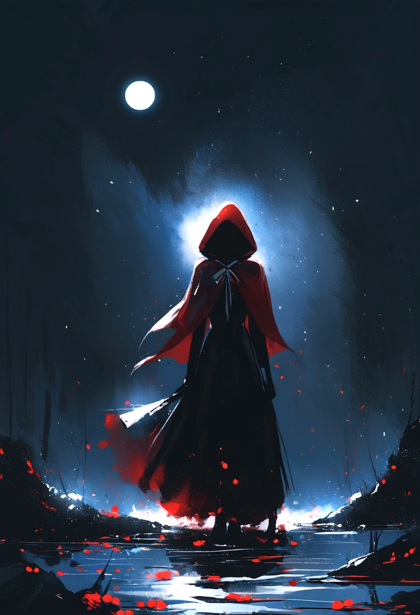 Gothic red riding hood holding the a bloody ax, standing over a dead wolf on the ground, bloody, fancy, comely, chic, Lens flare, intrincately detailed, blood splatters, tenebrosa, back-illuminated, Gothic, moonlights, forst, horor, grim, water colour, Illustrative, WLOP, oil on canvas