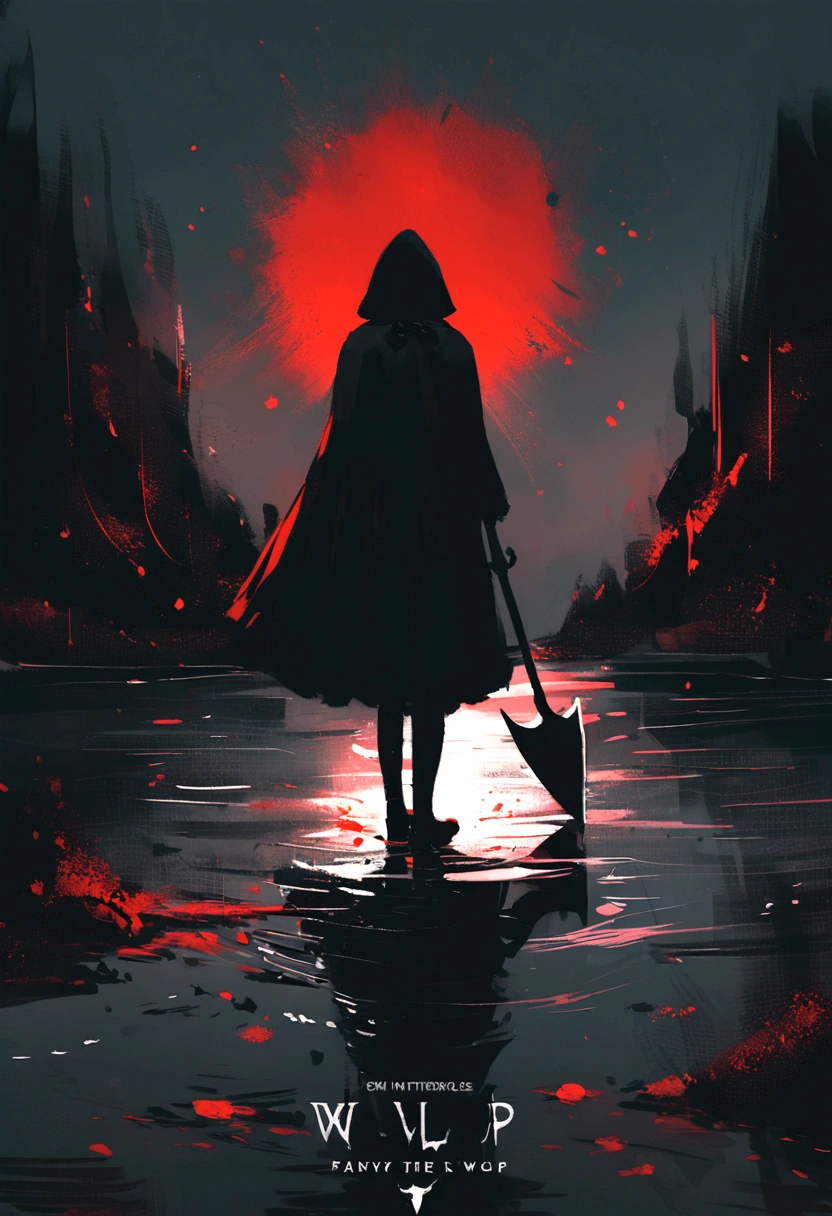 Gothic red riding hood holding the a bloody ax, standing over a dead wolf on the ground, bloody, fancy, comely, chic, Lens flare, intrincately detailed, blood splatters, tenebrosa, back-illuminated, Gothic, moonlights, forst, horor, grim, water colour, Illustrative, WLOP, oil on canvas