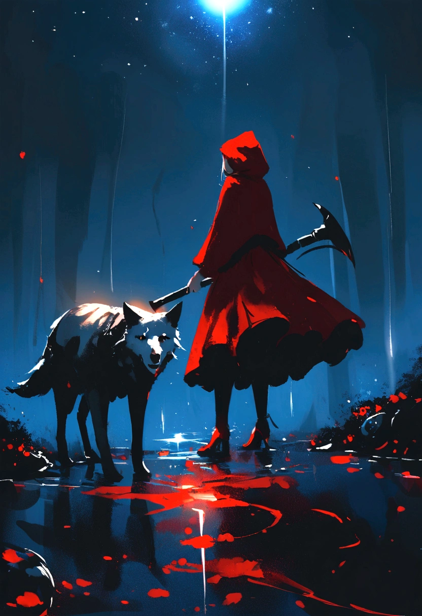 Gothic red riding hood holding the a bloody ax, standing over a dead wolf on the ground, bloody, fancy, comely, chic, Lens flare, intrincately detailed, blood splatters, tenebrosa, back-illuminated, Gothic, moonlights, forst, horor, grim, water colour, Illustrative, WLOP, oil on canvas