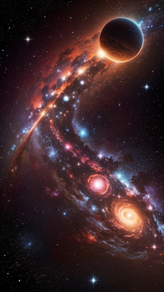 Galaxy with nebulae and planets, large and small, Black star explosion, And the planet and its rotating moons. There are multiple colors, Soft and shiny. There are also shooting stars and the Milky Way.